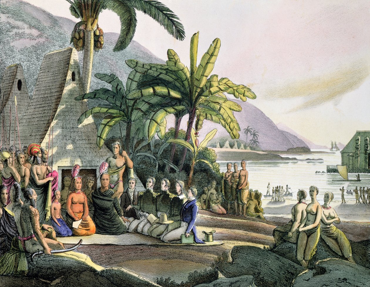 Találkozó Otto von Kotzebue (1788-1846) és I. Kamehameha király (174052-1819) expedíciós pártja között, az Ovayhi-szigeten alkotó: Ludwig Choris