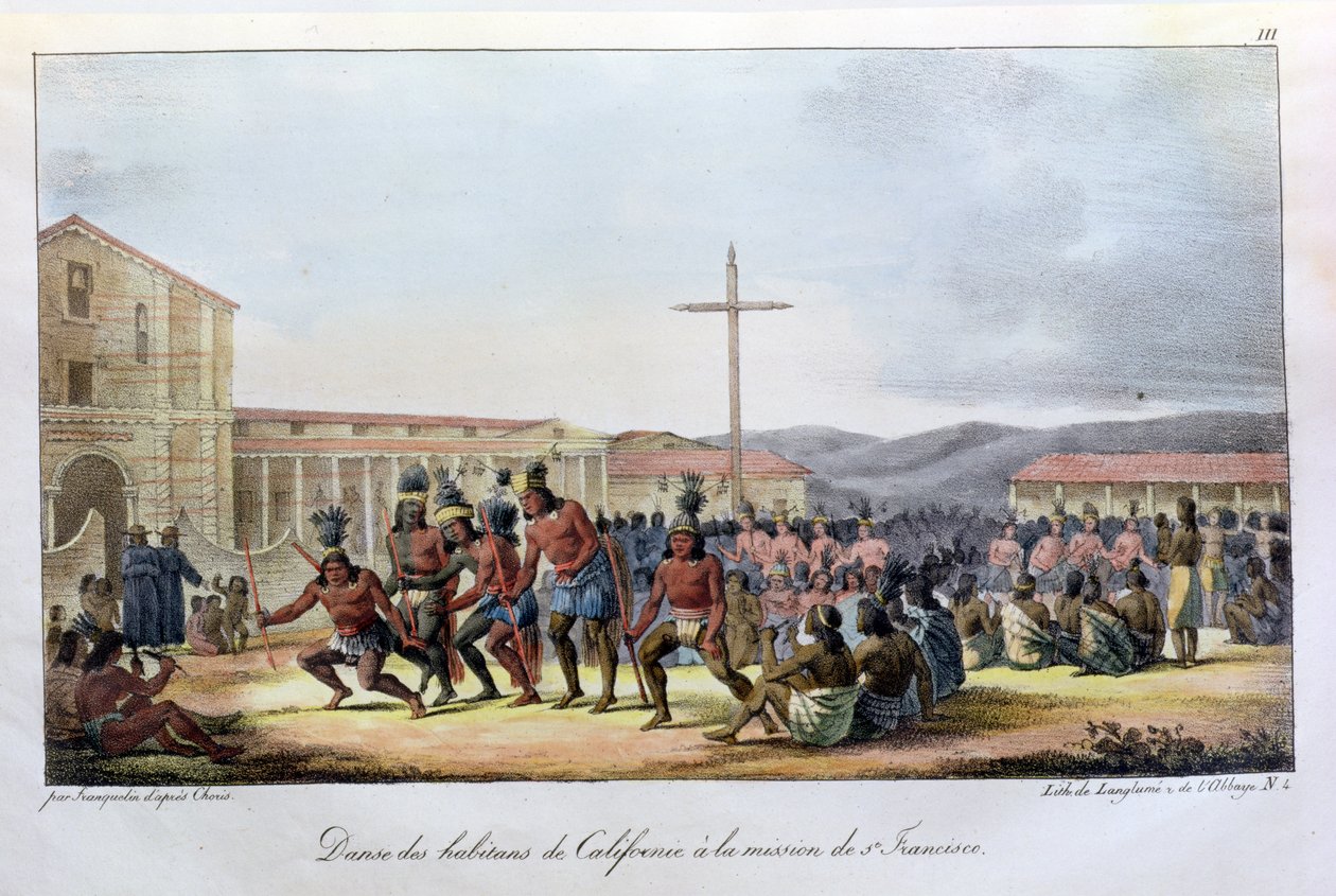 Kalifornia bennszülötteinek rituális tánca a San Francisco-i Misszióban a „Voyage Pittoresque Autour du Monde”-ból, Jean Augustin Franquelin (1798-1839) metszetében, 1822-ben alkotó: Ludwig Choris