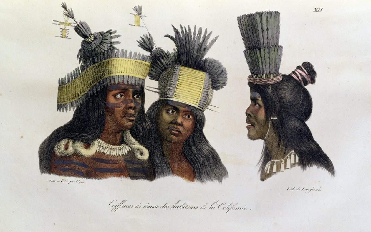 Kalifornia bennszülöttek által viselt rituális fejdíszek a „Voyage Pittoresque Autour du Monde”-ból, 1822-ben alkotó: Ludwig Choris