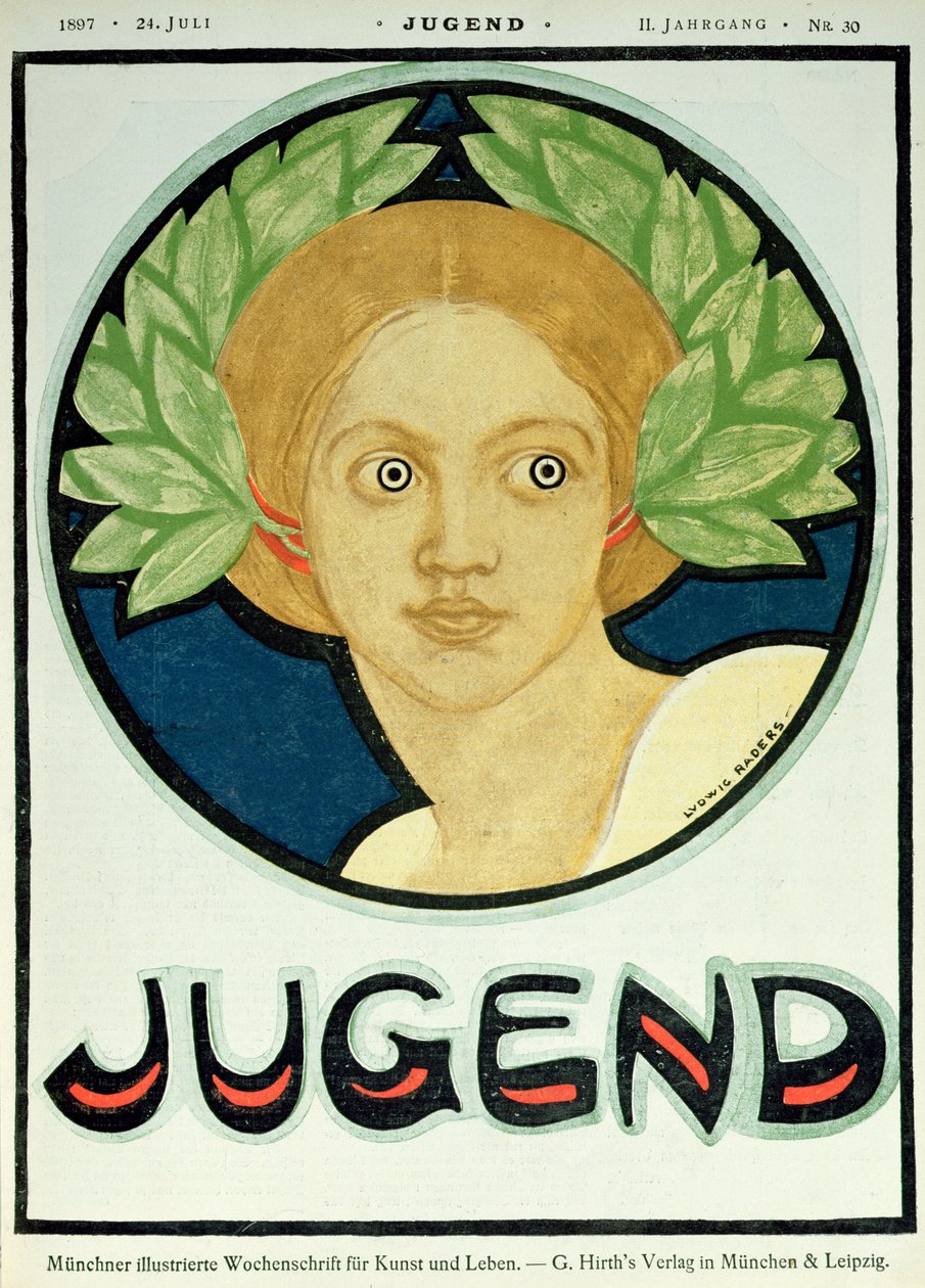 Fiatal nő babérkoszorúval, illusztráció a „Jugend” Magazinból, 1897. július 24. alkotó: Ludwig Raders