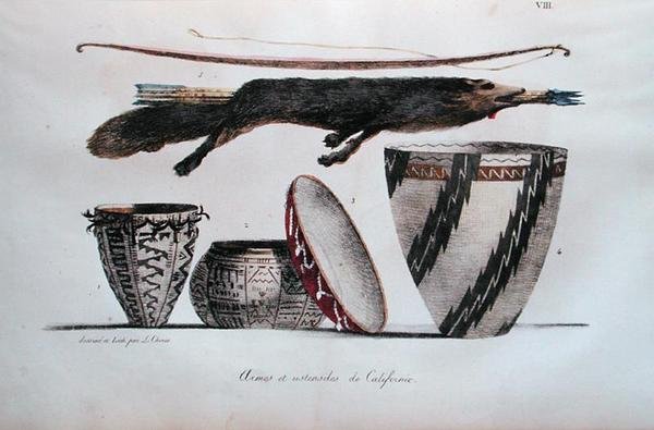 Fegyverek és edények Kaliforniából, a Voyage Pittoresque Autour du Monde-ból, 1822-ben (színes litho) alkotó: Ludwig Choris