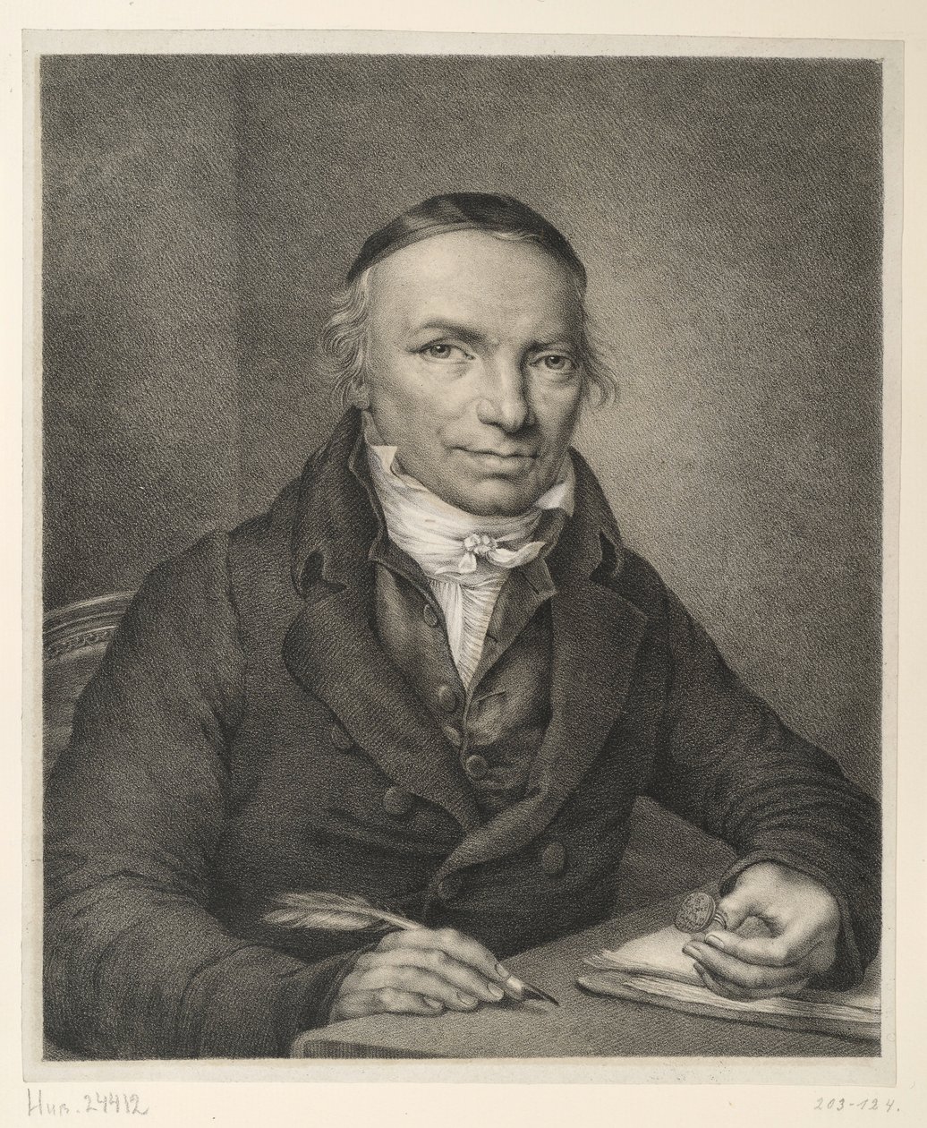 Johann Joachim Bellermann, mellkép asztalnál, pecsétgyűrűvel a kezében alkotó: Ludwig Buchhorn