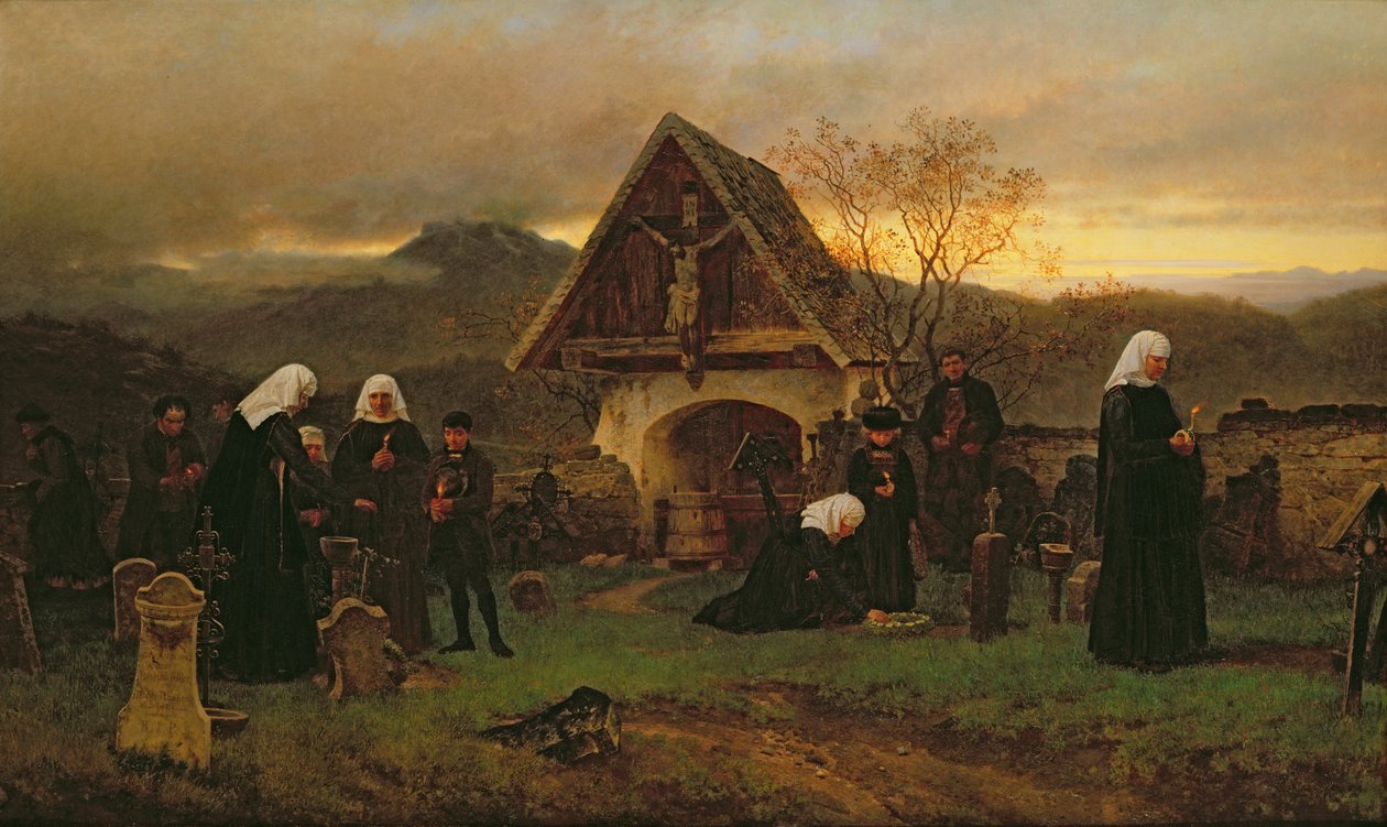 Halottak napja a temetőben alkotó: Ludwig Friedrich Wilhelm Riefstahl
