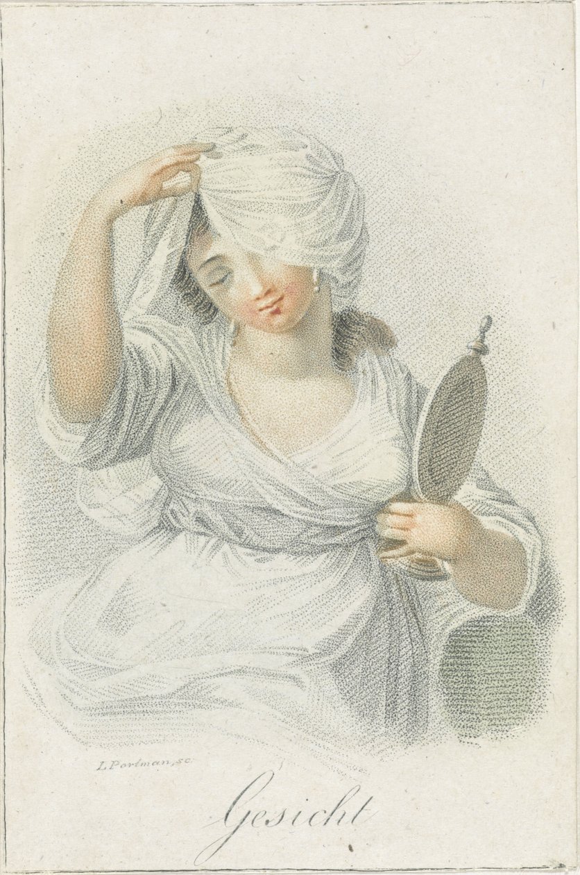 Látás Arc (cím a tárgyon) Öt érzékszerv, amelyet női alakok képviselnek (sorozat címe) Die Funf Sinne (sorozat címe) alkotó: Ludwig Gottlieb Portman