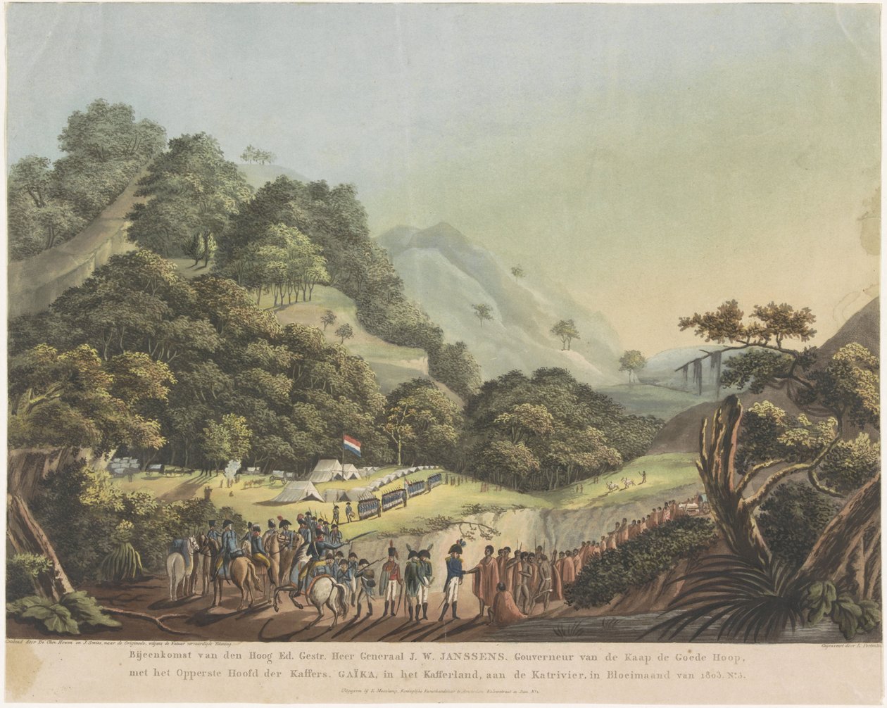 Janssens főkormányzó és Gaika xhosa vezető találkozója, 1803 Ülés a főszerk. Gestr. Sir tábornok J.W. Janssens. A Jóreménység-fok kormányzója, a kafferek legfelsőbb vezetőjével. Gaika, a Kaffirlandban, a Katri-n alkotó: Ludwig Gottlieb Portman