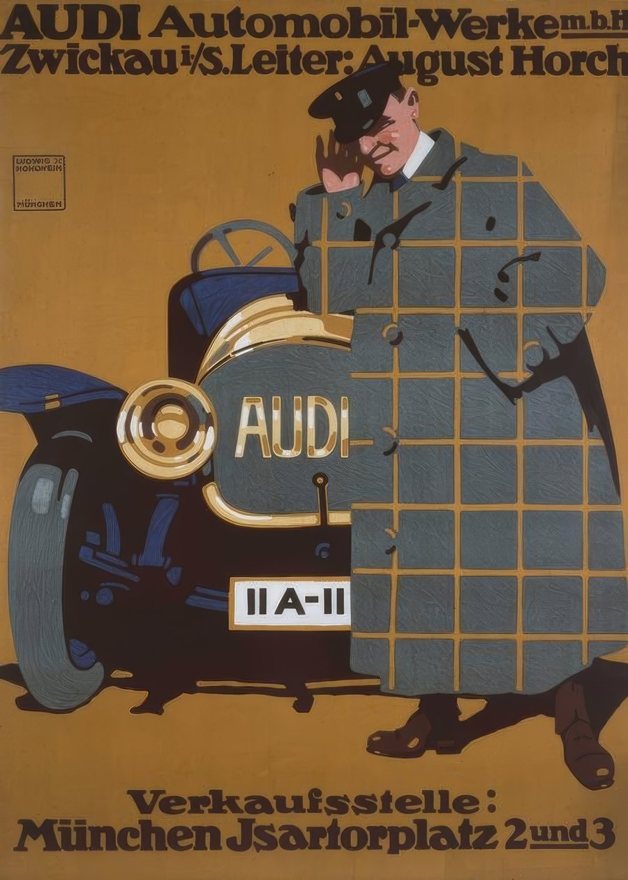 AUDI autógyárak m. B. H. Zwickau i. S. Fej: August Horch alkotó: Ludwig Hohlwein