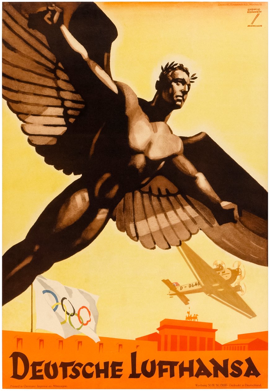 Deutsche Lufthansa, a német légitársaságok plakátja, amely az 1936-os olimpiai játékokat népszerűsíti a náci Németországban (plakát). alkotó: Ludwig Hohlwein