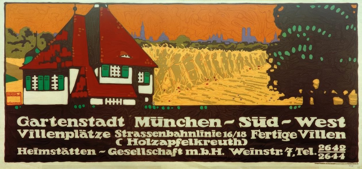 Kertváros München dél-nyugati része / Villa Squares / 16/18-as villamosvonal / Befejezett villák (Holzapfelkreuth) / Heimstätten-Gesellschaft m alkotó: Ludwig Hohlwein