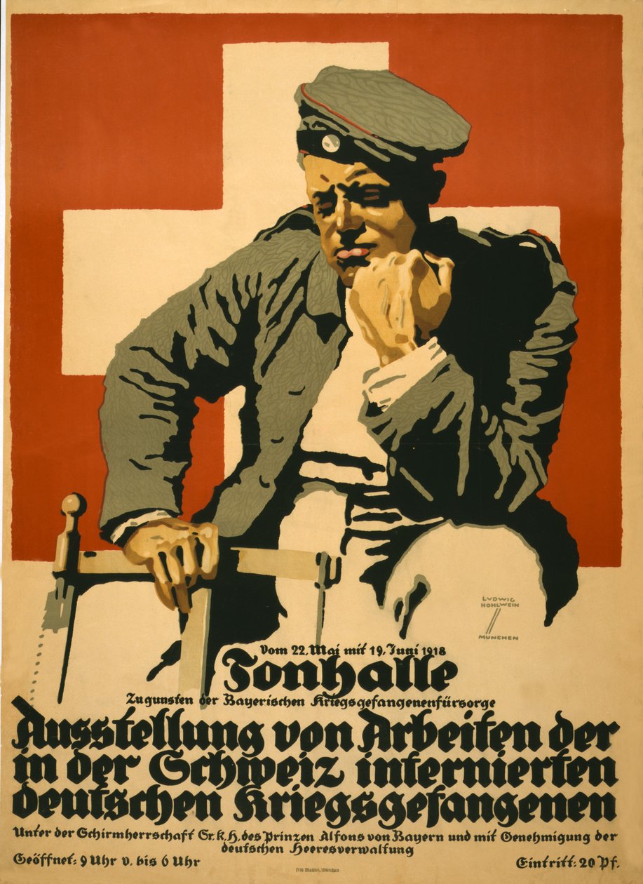 Tonhalle ... Svájcba internált német hadifoglyok munkáinak kiállítása, kocsma. 1918-ban (színes litó) alkotó: Ludwig Hohlwein