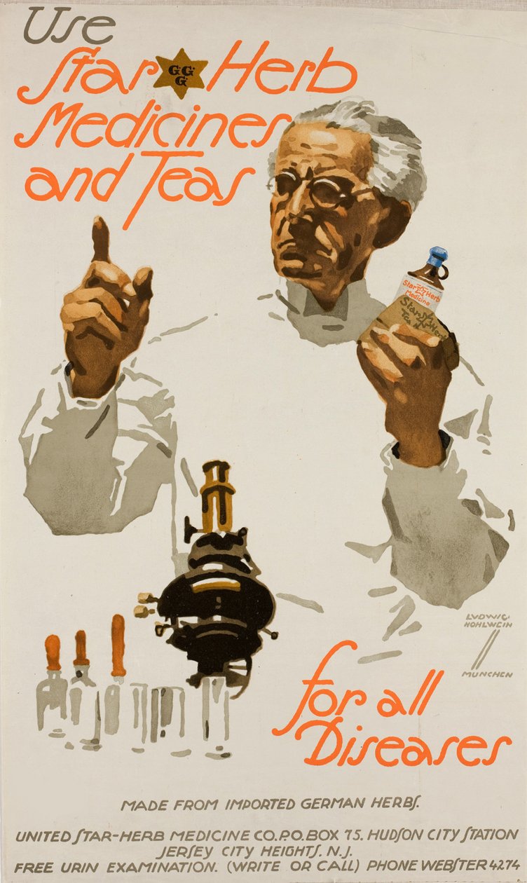 Használjon Star Herb gyógyszereket és teákat – minden betegségre, 1923 körül. alkotó: Ludwig Hohlwein