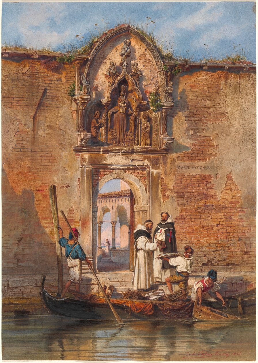 A szerzetesek halat vásárolnak a Madonna della Misericordia portálja előtt alkotó: Ludwig Johann Passini
