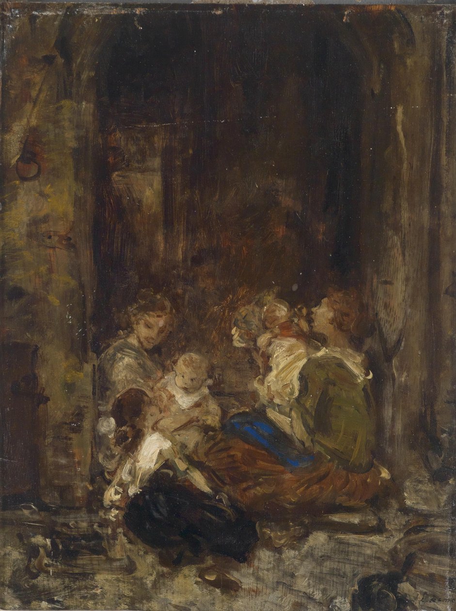 Anya gyermekekkel, dolgozószoba, olvashatatlan aláírás, hagyatéki bélyegző L. Knaus Nachlass alkotó: Ludwig Knaus