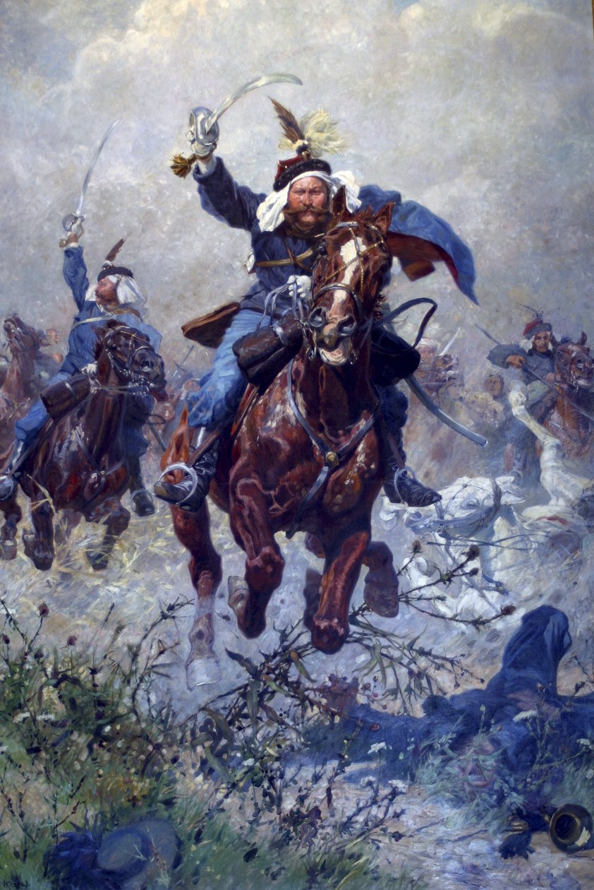 Maximilian Ritter von Rodakowski ezredes és a 13. ulánusok a custozai csatában 1866-ban, 1908-ban (olaj, vászon) alkotó: Ludwig Koch