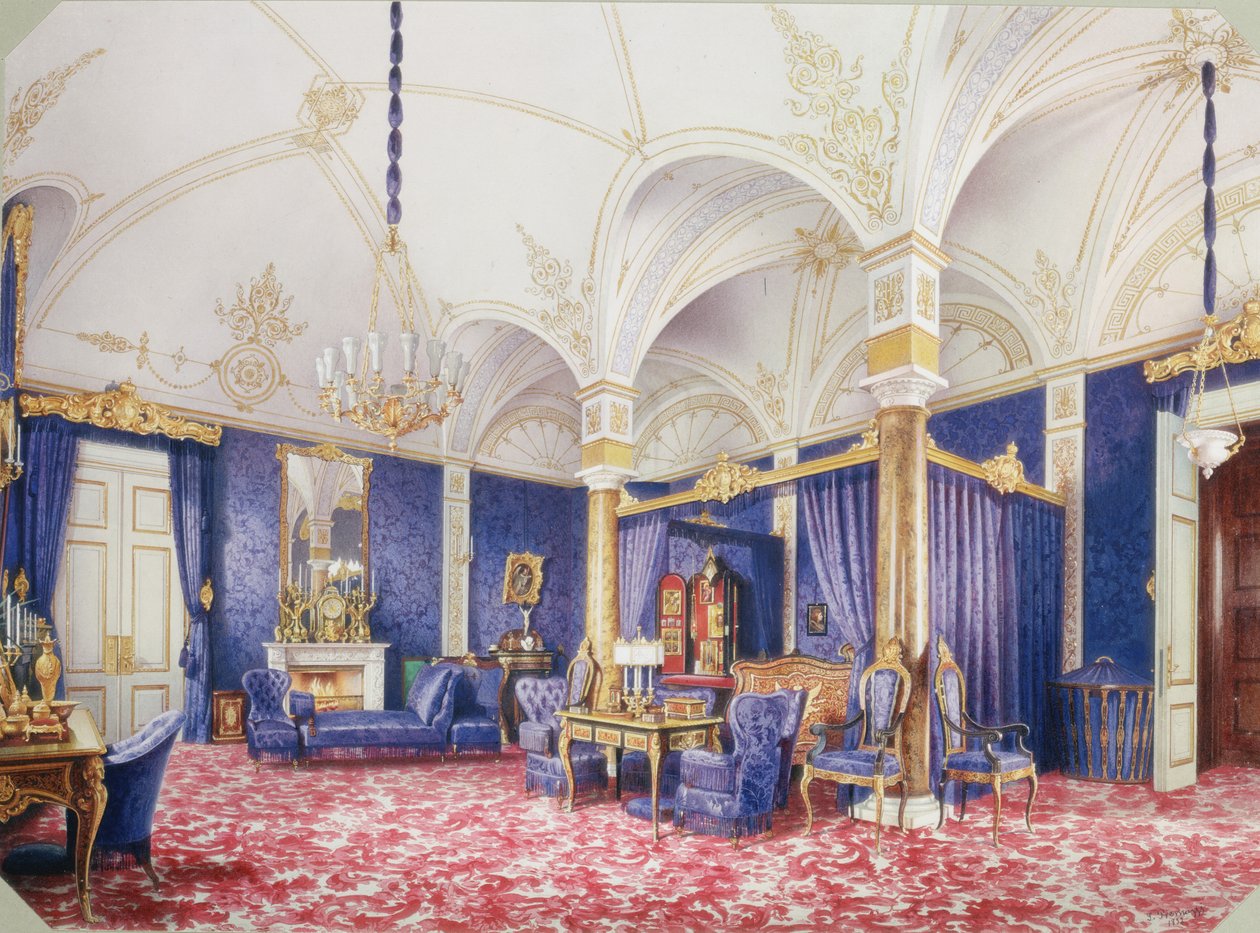 A Téli Palota belső terei. Mária Alekszandrovna császárné hálószobája, 1859 alkotó: Ludwig Premazzi