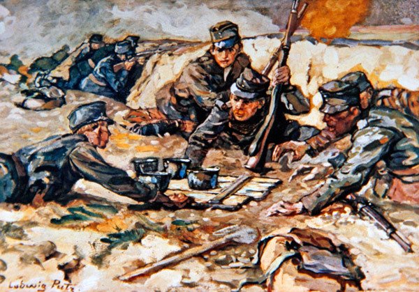 Az orosz tüzérség tüze alatt táplálékot szállítanak az osztrák lövészárkokba alkotó: Ludwig Putz