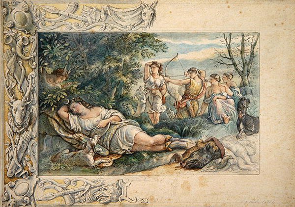Alvó Diana társaival (akvarell grafit felett, papíron) alkotó: Ludwig Sigismund Ruhl
