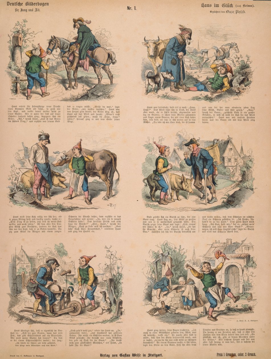 Hans in Luck (a Grimm testvérek nyomán), 213. sz. Muenchener Bilderbogen, Braun & Schneider, München, 1880 alkotó: Ludwig Voltz