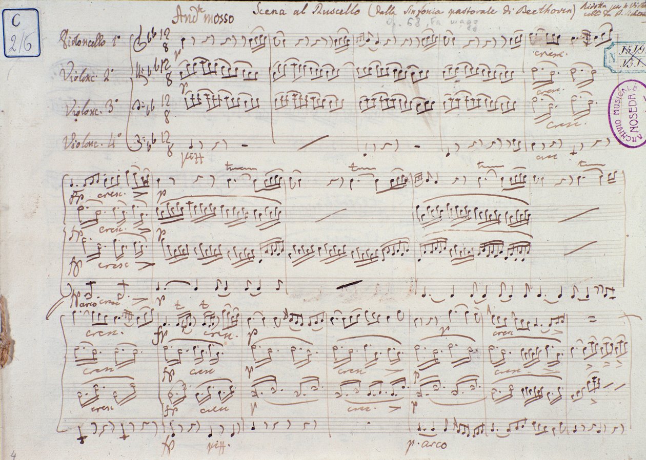 Ludwig van Beethoven 6. F-dúr szimfóniájának 68. opuszának kottájának oldala alkotó: Ludwig van Beethoven