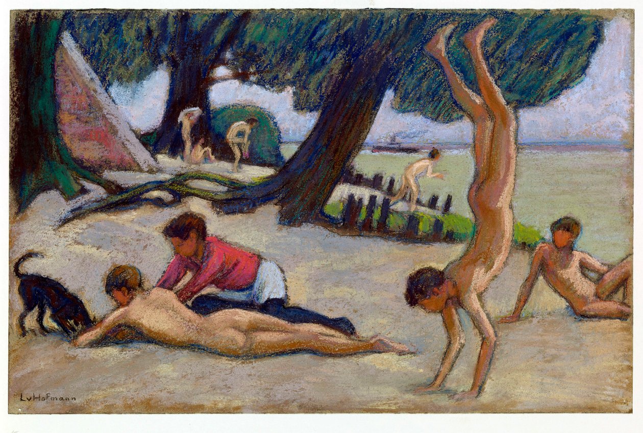 ""Fiúk a tengerparton" (Boys on the beach) Ludwig von Hofmann (1861-1945) pasztellrajza 1895 körül. Méret: 24,9x34,4 cm Staatliche Museen, Berlin alkotó: Ludwig von Hofmann