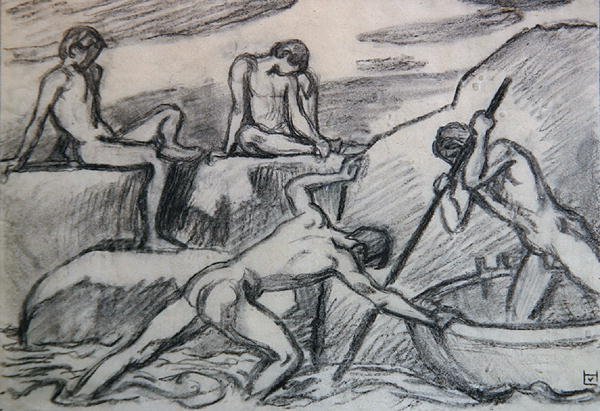 Meztelen csónakos és fiatalok a zöld parton (grafit, papír) alkotó: Ludwig von Hofmann