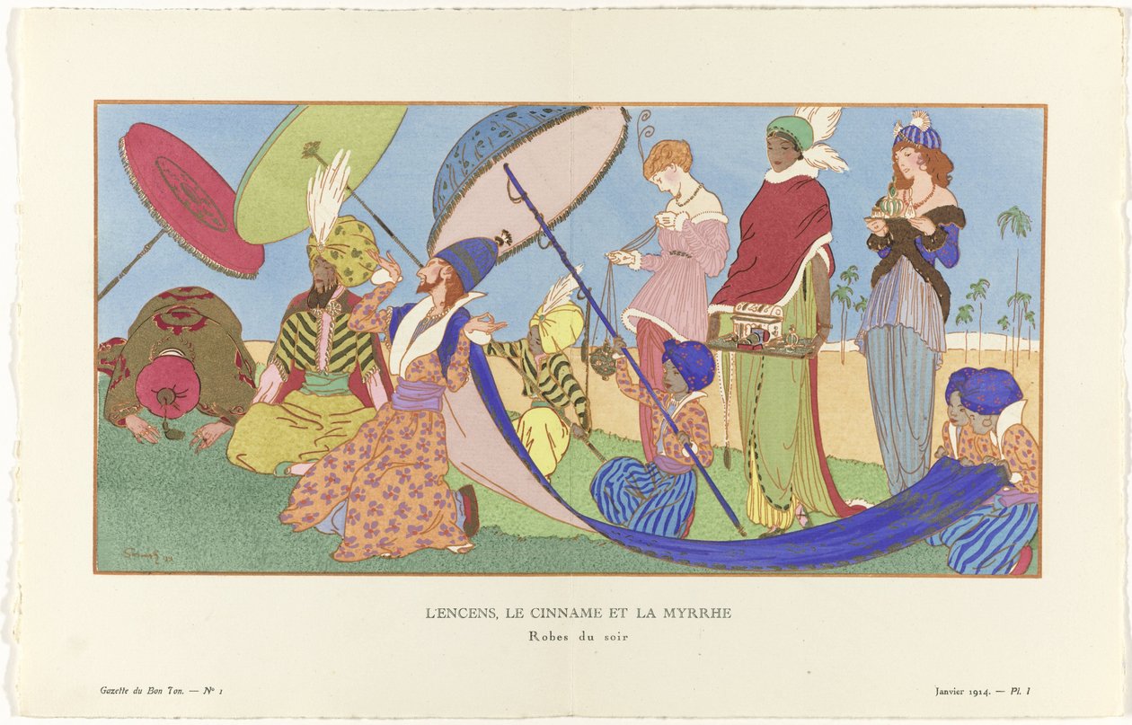 Gazette du Bon Ton, 1914 - No. 1, Pl. I: Tömjén, Cinname és Mirha / Estélyi ruhák. (cím a tárgyon) alkotó: Ludwik Strimpl