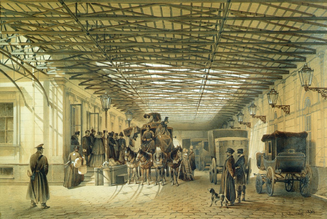 Stagecoach indulása a szentpétervári pályaudvarról, 1848 alkotó: Luigi Premazzi