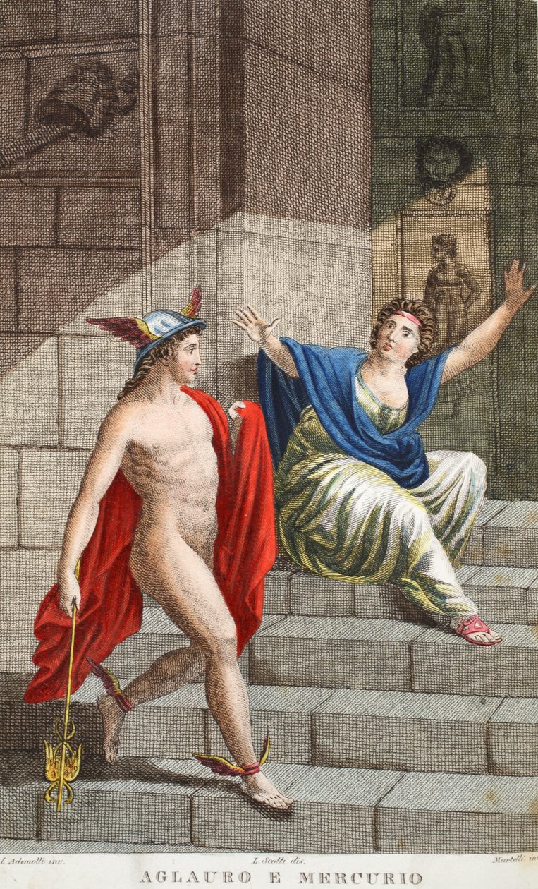 Aglauros és Merkúr vagy Aglauro e Mercurio, illusztráció Ovidius Metamorphoses című művéből, Firenze, 1832 (kézzel színezett metszet) alkotó: Luigi Ademollo
