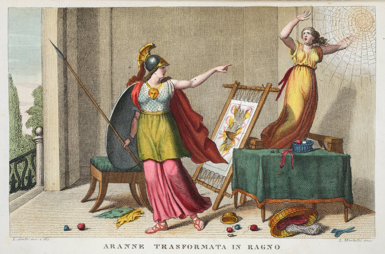 Arachne pókká vagy Aranne Trasformata Ragnoban, VI. könyv, illusztráció Ovidius Metamorfózisaiból, Firenze, 1832 (kézzel színezett metszet) alkotó: Luigi Ademollo