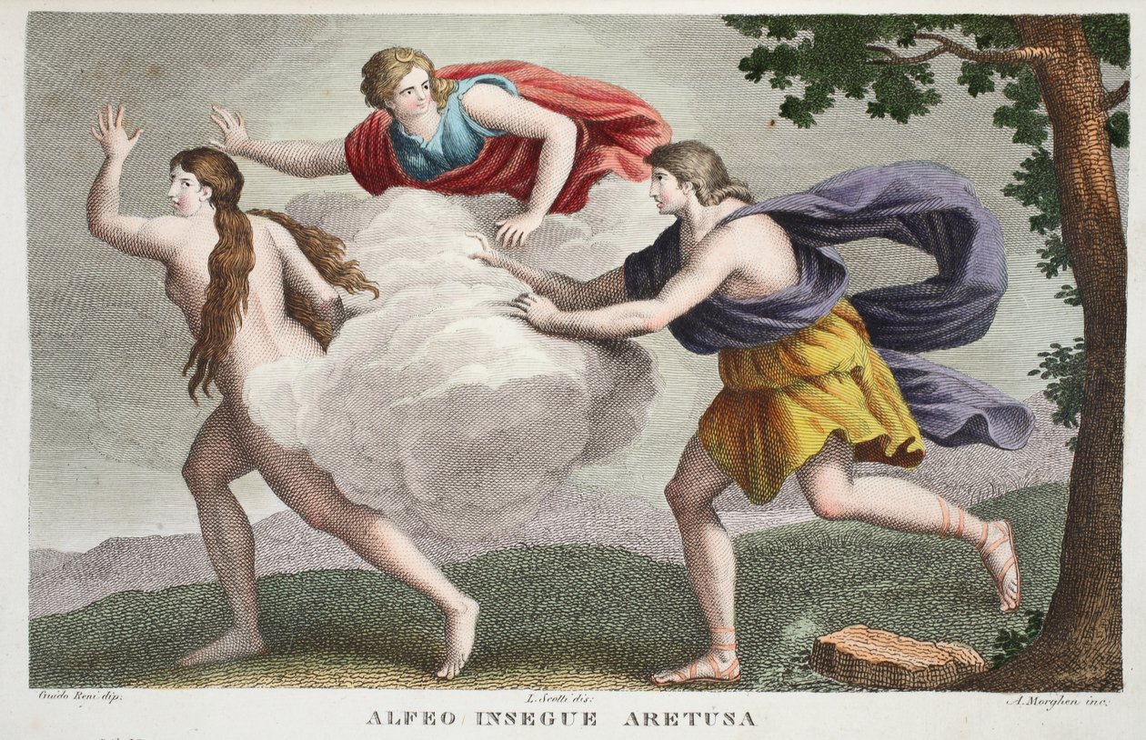 Arethusa egy szökőkútba vagy Alfeo Insegue Aretusa, V. könyv, illusztráció Ovidius metamorfózisaiból, Firenze, 1832 (kézzel színezett metszet) alkotó: Luigi Ademollo