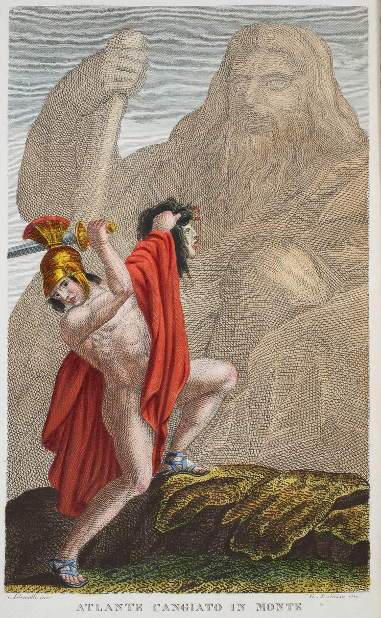 Atlasz egy hegybe vagy Atlantisz Cangiato Monte-ban, IV. könyv, illusztráció Ovidius metamorfózisaiból, Firenze, 1832 (kézzel színezett metszet) alkotó: Luigi Ademollo