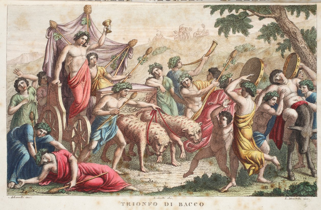 Bacchus rítusai vagy diadala vagy Trionfo di Bacco, III. könyv, illusztráció Ovidius Metamorfózisaiból, Firenze, 1832 (kézzel színezett metszet) alkotó: Luigi Ademollo