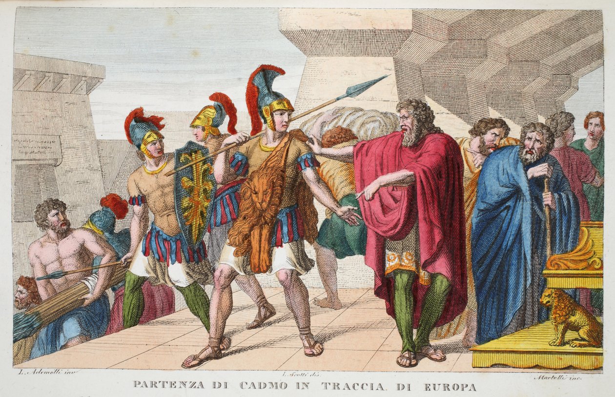 Cadmus Sets Out vagy Partenza de Cadmo in Traccia di Europa, III. könyv, illusztráció Ovidius Metamorfózisaiból, Firenze, 1832 (kézzel színezett metszet) alkotó: Luigi Ademollo