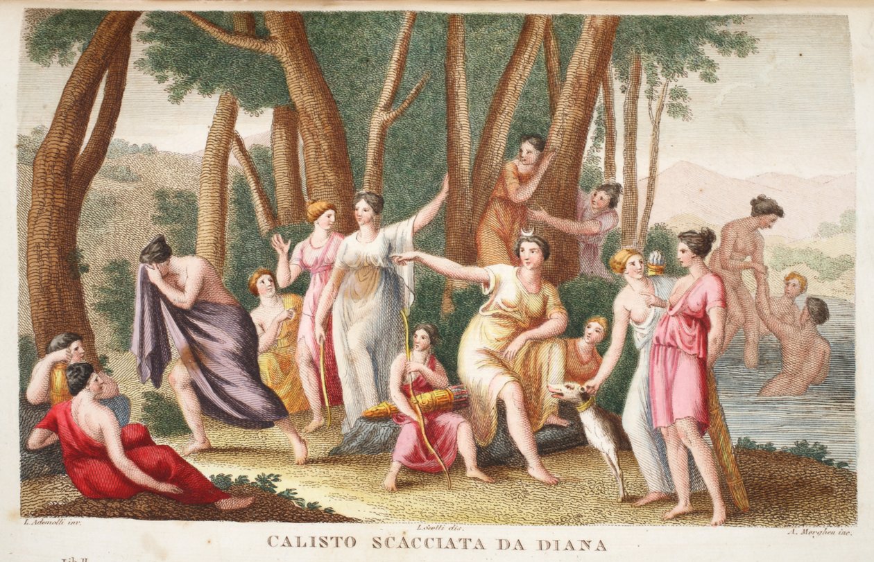 Callisto medvévé vagy Calisto Scacciata da Dianává változik, illusztráció Ovidius Metamorphoses című művéből, Firenze, 1832 (kézzel színezett metszet) alkotó: Luigi Ademollo