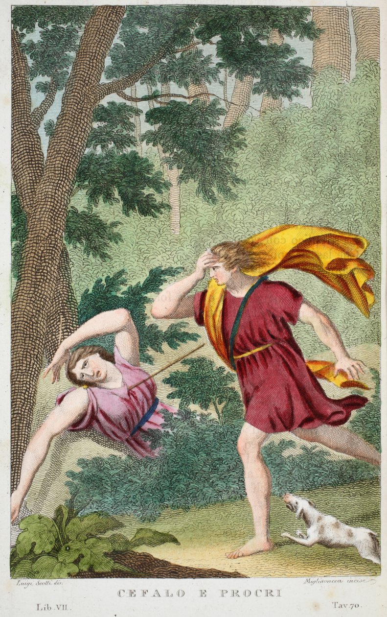 Cephalus és Procris vagy Cefalo e Procri, VII. könyv, illusztráció Ovidius Metamorfózisaiból, Firenze, 1832 (kézzel színezett metszet) alkotó: Luigi Ademollo
