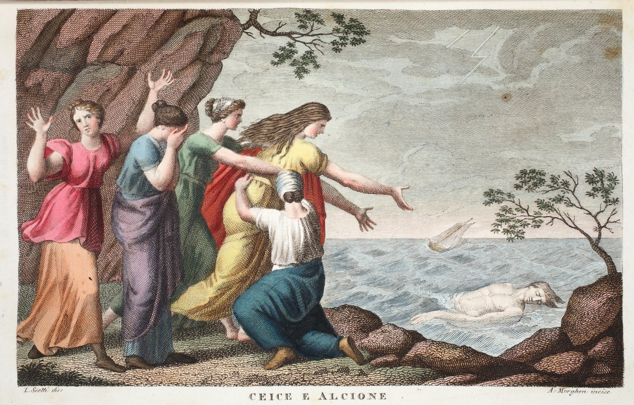 Ceyx és Alcyone vagy Ceice e Alcione, XI. könyv, illusztráció Ovidius Metamorphoses című művéből, Firenze, 1832 (kézzel színezett metszet). alkotó: Luigi Ademollo