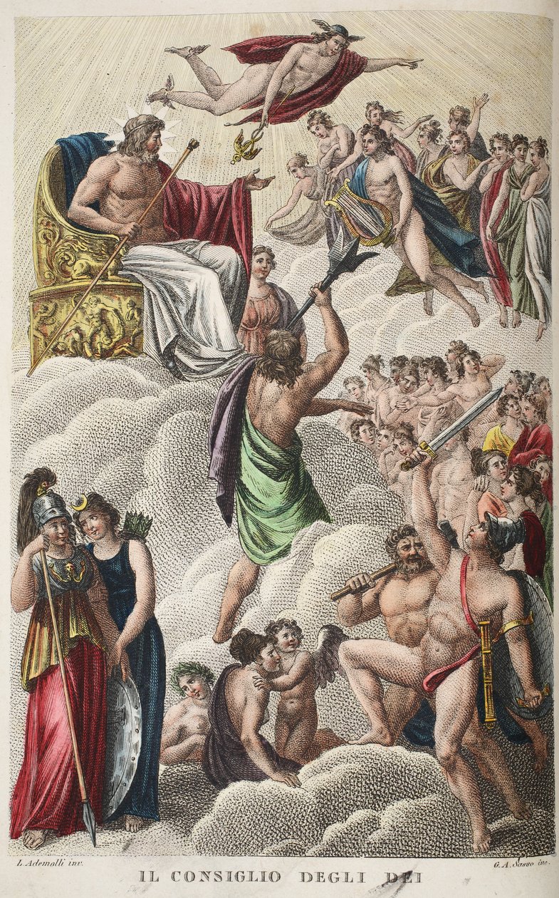 Istenek Tanácsa vagy Il Consiglio Degli Dei, I. könyv, illusztráció Ovidius Metamorfózisaiból, Firenze, 1832 (kézzel színezett metszet) alkotó: Luigi Ademollo