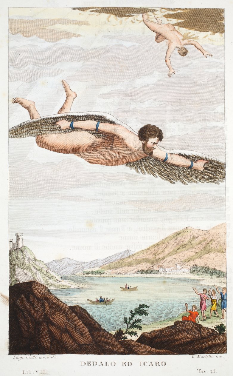 Daedalus és Icarus vagy Dedalo ed Icaro, VIII. könyv, illusztráció Ovidius Metamorfózisaiból, Firenze, 1832 (kézzel színezett metszet) alkotó: Luigi Ademollo