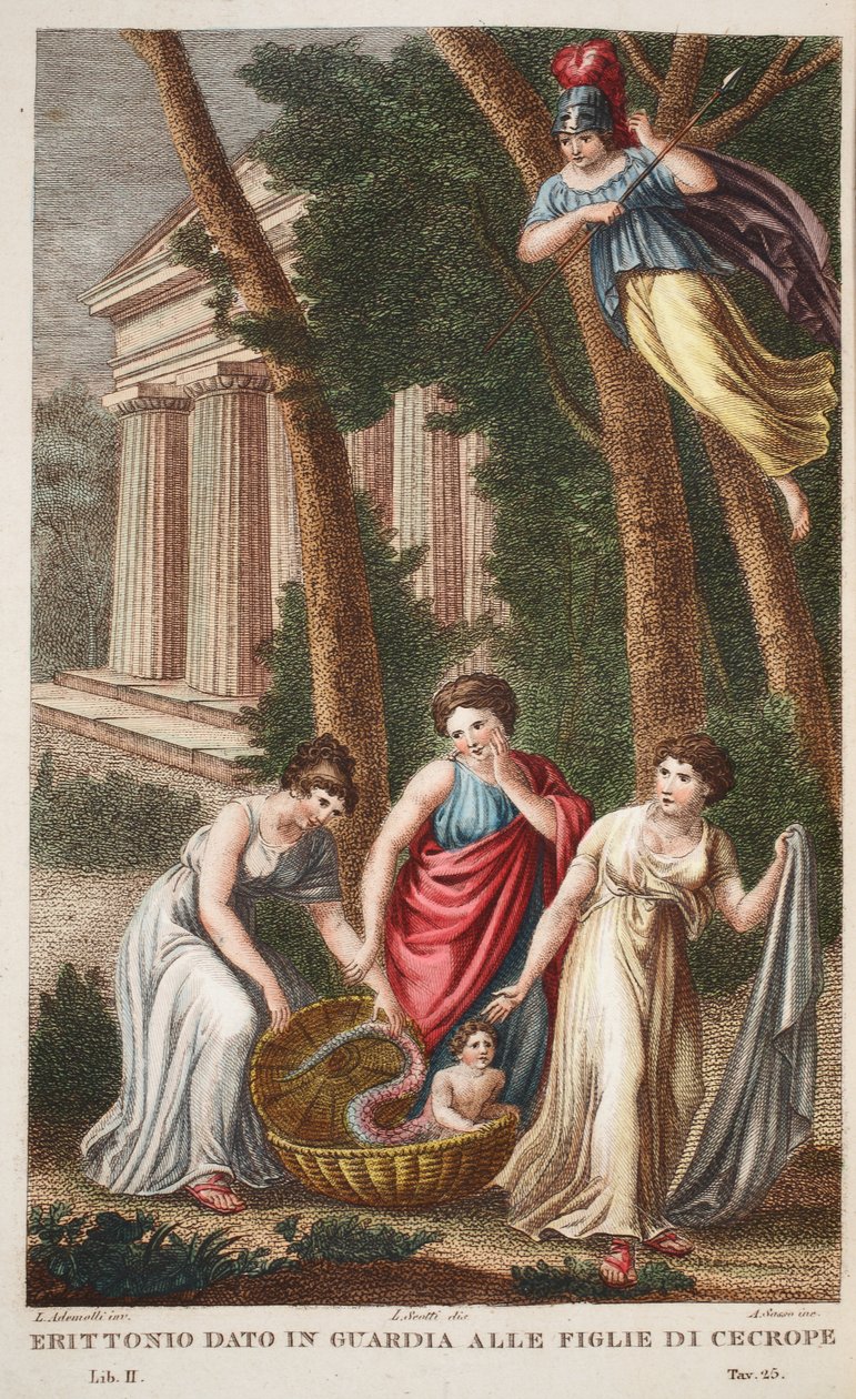 Erichthonius sárkánylábakkal vagy Erittonio data in Guardia alle Figlie de Cecrope, II. könyv, illusztráció Ovidius Metamorphoses című művéből, Firenze, 1832 (kézzel színezett metszet). alkotó: Luigi Ademollo