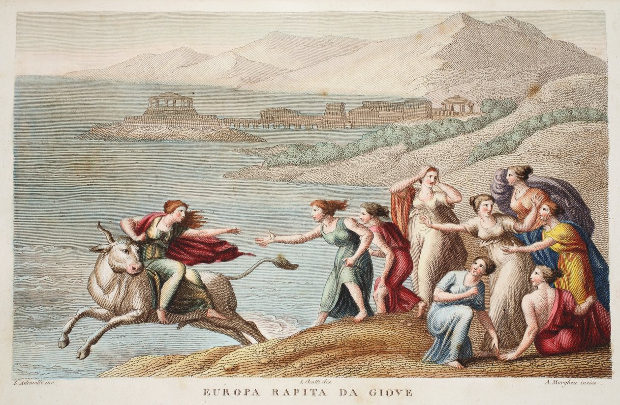 Europa vagy Europa Rapita da Giove, illusztráció Ovidius Metamorphoses című művéből, Firenze, 1832 (kézi színezésű metszet). alkotó: Luigi Ademollo