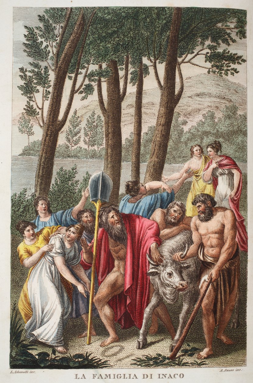 Gyászolt Inachus vagy La Famiglia di Inaco, I. könyv, illusztráció Ovidius Metamorphoses című művéből, Firenze, 1832 (kézzel színezett metszet) alkotó: Luigi Ademollo