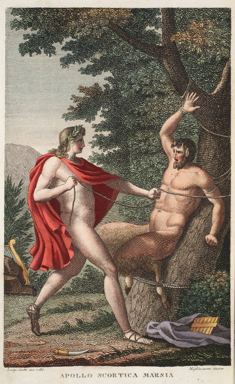 Marsyast Apollo nyúzta vagy Apollo Scortica Marsia, VI. könyv, illusztráció Ovidius Metamorphoses című művéből, Firenze, 1832 (kézzel színezett metszet) alkotó: Luigi Ademollo