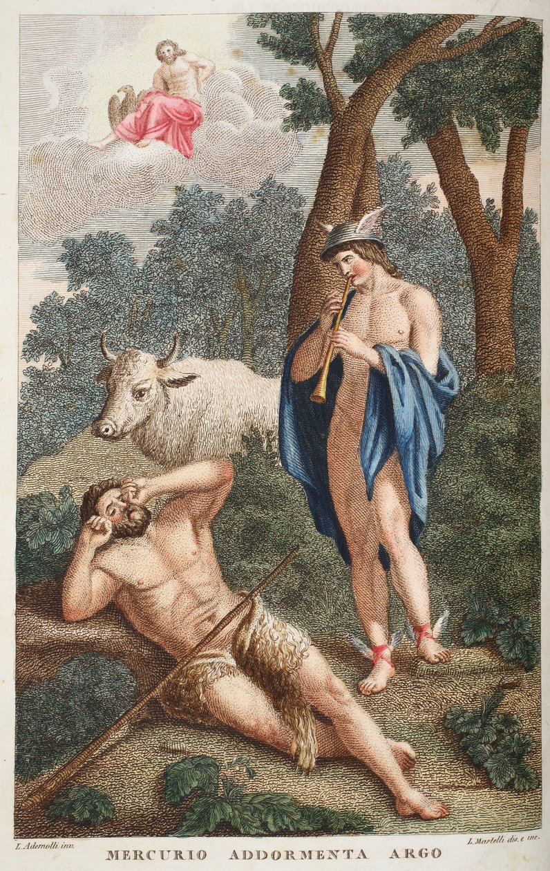A Merkúr elalszik Arguszt vagy Mercurio Addormenta Argo, illusztráció Ovidius Metamorphoses című művéből, Firenze, 1832 (kézzel színezett metszet) alkotó: Luigi Ademollo