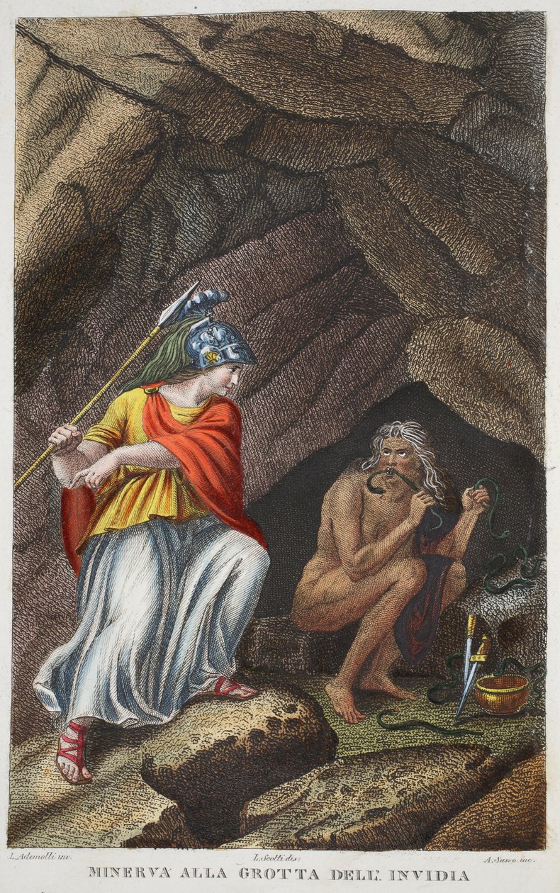 Minerva meglátogatja az Irigységet vagy Minerva all Grotta deli Invidia, illusztráció Ovidius Metamorphoses című művéből, Firenze, 1832 (kézzel színezett metszet). alkotó: Luigi Ademollo