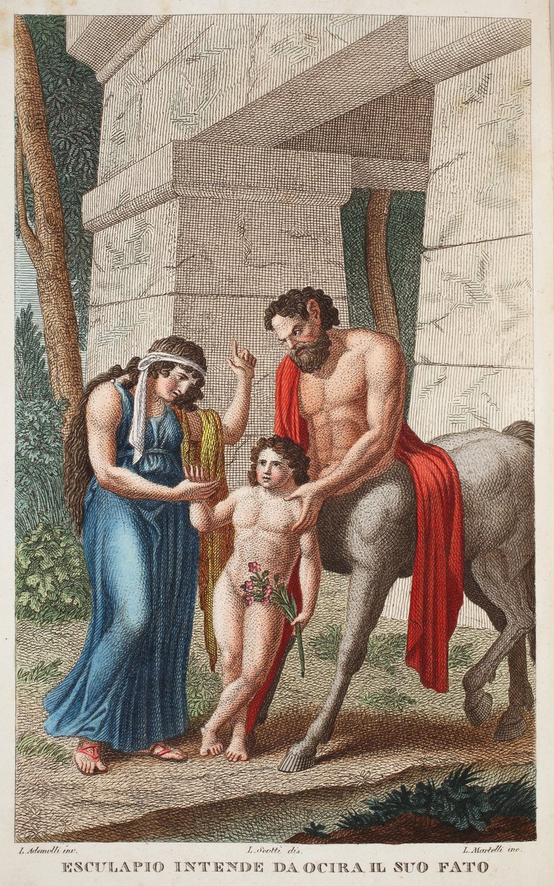 Ocyrrhoe in a Mare vagy Esculapio intende da Ocira il Suo Fato, illusztráció Ovidius Metamorphoses című művéből, Firenze, 1832 (kézzel színezett metszet) alkotó: Luigi Ademollo