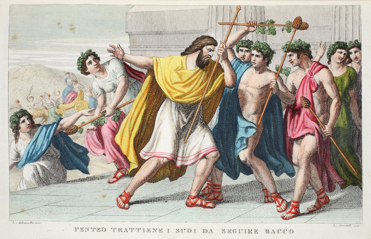 Pentheus üldözi Bacchus tanítványait vagy Penteo Trattiene I suoi da Seguire Bacco, III. könyv, illusztráció Ovidius Metamorfózisaiból, Firenze, 1832 (kézzel színezett metszet) alkotó: Luigi Ademollo