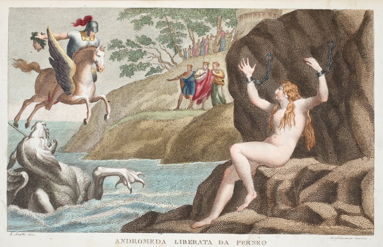 Perseus és Andromeda vagy Andromeda Liberata da Perseo, IV. könyv, illusztráció Ovidius Metamorfózisaiból, Firenze, 1832 (kézzel színezett metszet) alkotó: Luigi Ademollo