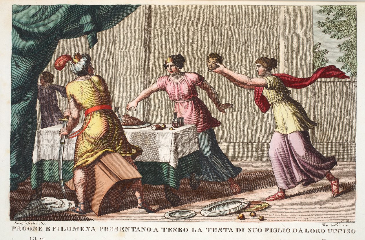 Procne, Philomela és Tereus elmebetegek, avagy Progne és Philomena bemutatja Theseusnak az általuk megölt fia fejét, VI. könyv, illusztráció Ovidius Metamorphoses című művéből, Firenze, 1832 (kézi színezés). alkotó: Luigi Ademollo