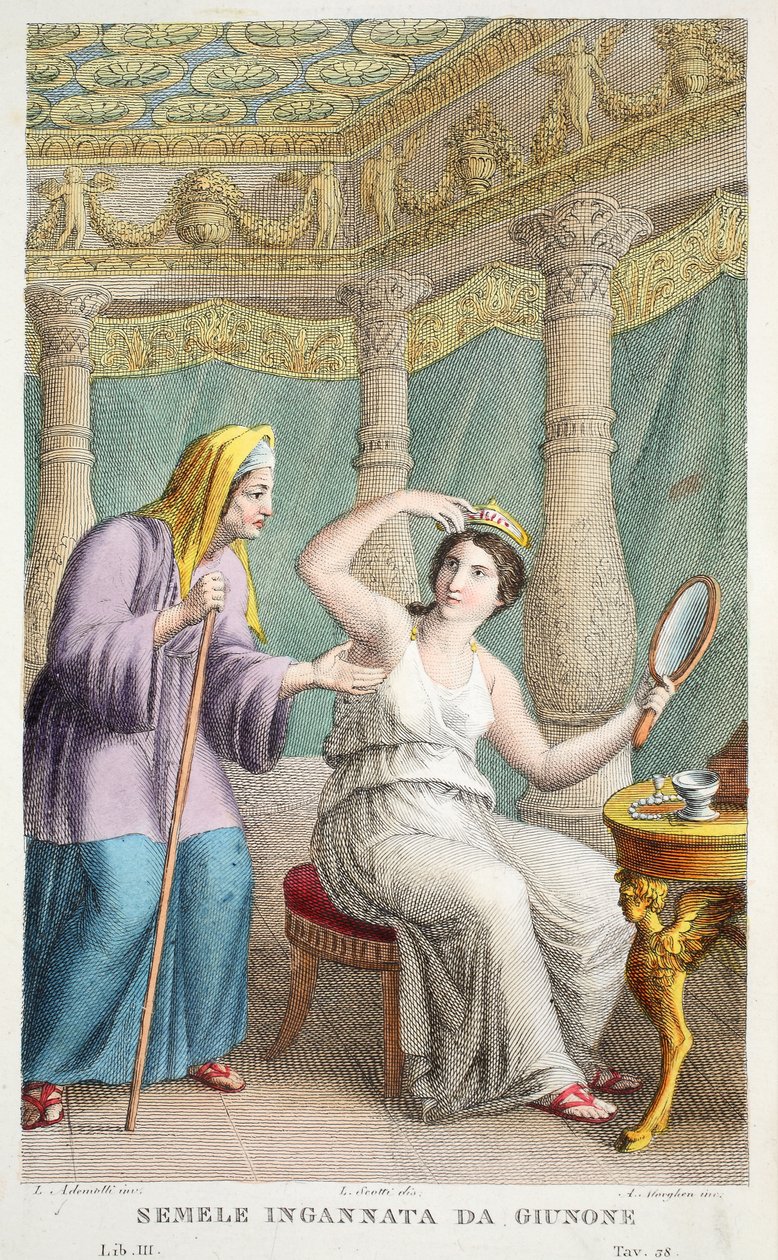 Semele is Deceived vagy Semele Ingannata da Giunone, illusztráció Ovidius Metamorfózisaiból, Firenze, 1832 (kézzel színezett metszet) alkotó: Luigi Ademollo