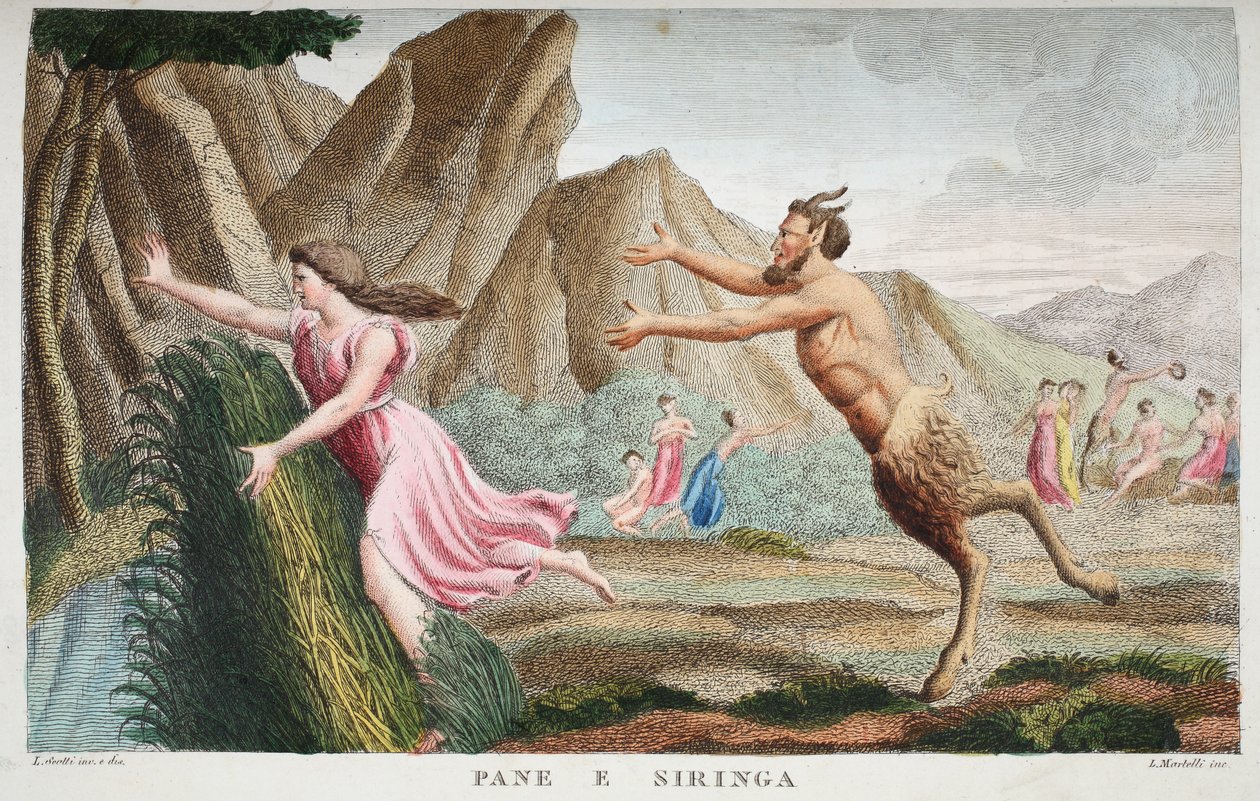 Syrinx a nádasba vagy Pane e Siringa, I. könyv, illusztráció Ovidius Metamorphoses című művéből, Firenze, 1832 (kézzel színezett metszet). alkotó: Luigi Ademollo