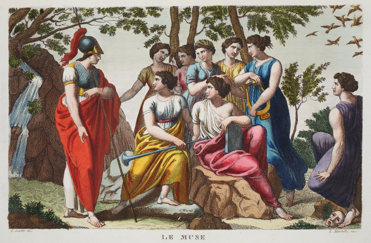 The Muses or Le Muse, V. könyv, illusztráció Ovidius Metamorfózisaiból, Firenze, 1832 (kézzel színezett metszet) alkotó: Luigi Ademollo